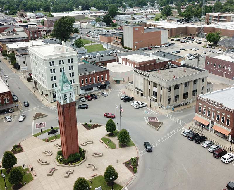 aerial view of the downtown square